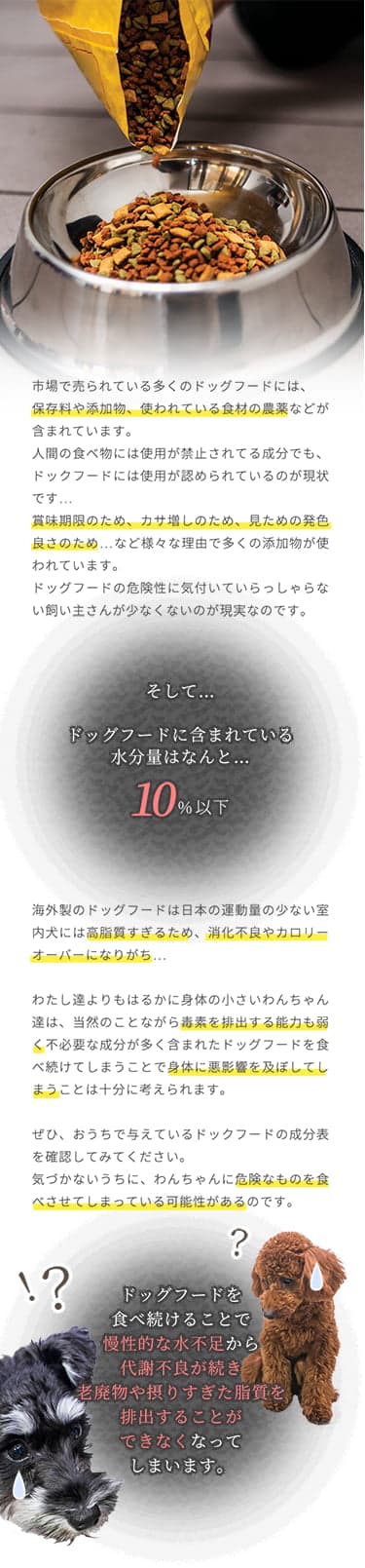 ドッグフードに含まれている水分量はなんと10%以下 ドッグフードを食べ続けることで慢性的な水不足から代謝不良が続き、老廃物や摂りすぎた脂質を排出することができなくなってしまいます